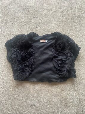 Black Floral Appliqué Cropped Jacket for Kids